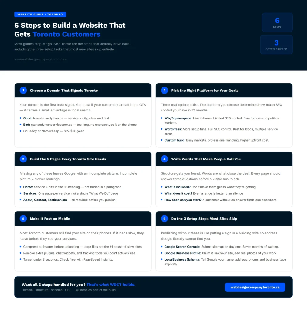step-by-step guide to building a local business website in Toronto with domain, platform, pages, content, speed, and Google setup