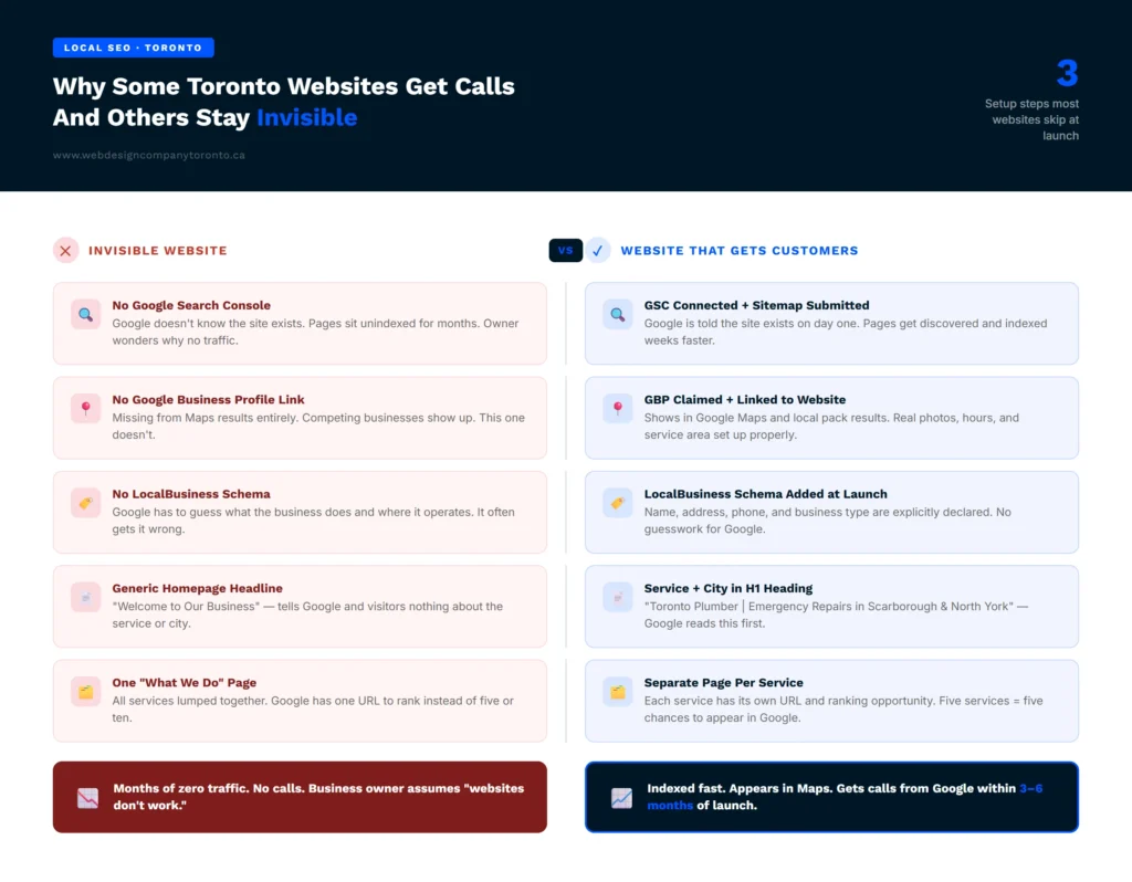 how can we build a website that gets Toronto customers — setup checklist comparison showing GSC, GBP, and schema